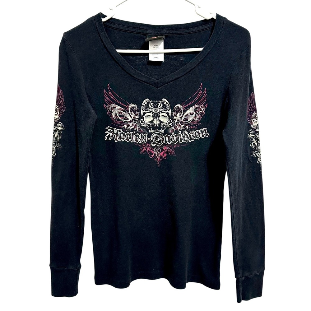 Harley-Davidson Shirt Women Small Black Long Sleeve Skull Wings Graphic V-Neck - Picture 4 of 14